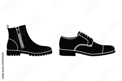 Stylized icon illustration of a zippered boot and oxford shoe with lace
