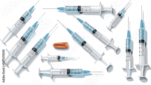 Medical Syringe Collection with Various Angles, Vaccine Injection Tools, Transparent Barrels, and Healthcare Equipment for Hospital, Immunization, and Pharmaceutical Design
