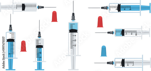 Medical Syringe Set with Vaccine Injection Tools, Disposable Needles, Protective Caps, and Healthcare Equipment for Hospital, Immunization, and Clinical Design