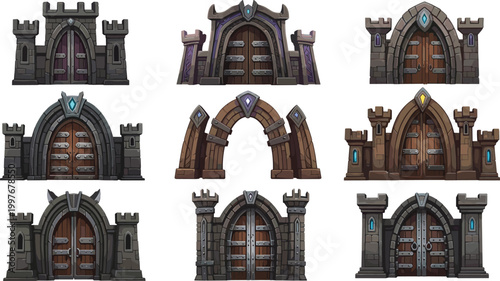 Medieval Castle Gate Set with Ornate Stone Doors, Fortress Entrances, Gothic Arches, and Defensive Architecture for Fantasy Games and Historical Design