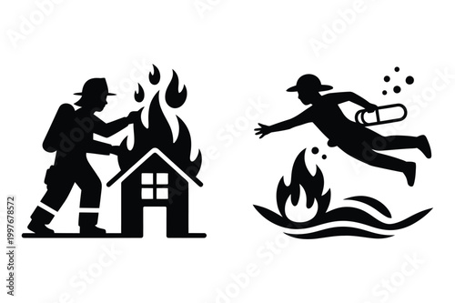 Firefighter silhouettes fighting house fire and rescuing from flames