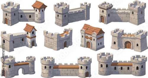 Medieval Castle Towers and Gatehouses Set with Stone Walls, Defensive Fortifications, and Isometric Buildings for Strategy Games and Historical Architecture Design