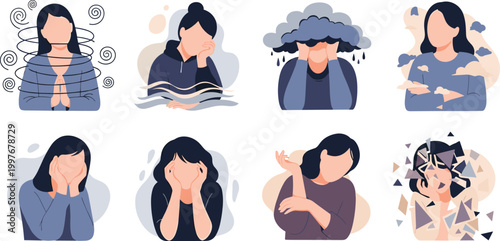 Mental Health Emotions Illustration Set with Stress, Anxiety, Depression, Overthinking, Burnout, and Emotional Struggles in Modern Flat Character Vector Collection