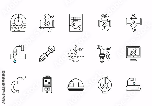 Plumbing system icons set arranged in grid layout isolated on white background for infrastructure UI design illustrating water supply components representing building maintenance and utility planning