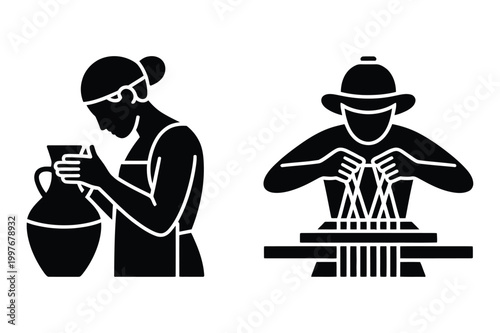 Silhouettes of a potter with a jug and a weaver at a loom handmade traditional