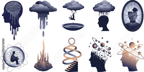 Surreal Mind Concept Illustration Set with Human Head Silhouettes, Abstract Thoughts, Emotional Chaos, Creativity, and Mental Imagination Vector Art Collection