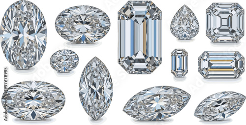 Vector Collection of Realistic Sparkling Diamonds with Various Cuts Including Emerald, Marquise, Oval, and Pear Shapes for Luxury Jewelry Branding and Graphic Design