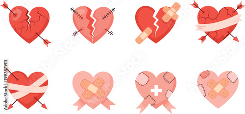 Vector Set of Broken Red Hearts with Bandages Adhesive Plasters and Arrows Symbolizing Heartbreak Recovery Healing and Emotional Pain for Social Media and Greeting Designs