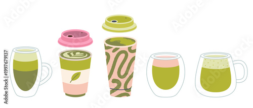 Set of matcha drinks in different cups. Green tea beverages collection for cafe menu and healthy lifestyle concept. Trendy modern vector illustration isolated on white, hand drawn, flat design