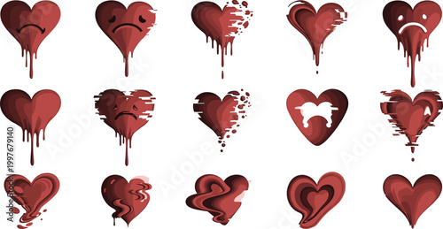 Vector Set of Broken Red Hearts with Sad Facial Expressions and Melting Blood Dripping Effects for Emotional Pain, Grief, and Heartbreak Concept Designs