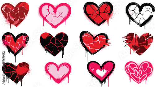 Vector Set of Graffiti Style Broken Hearts with Spray Paint Drips Splatter Textures and Cracks for Urban Street Art and Edgy Fashion Graphic Designs
