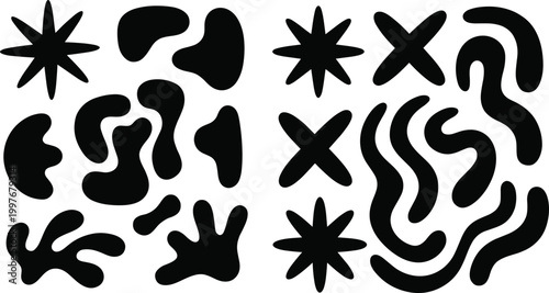 Abstract collection of organic and geometric black shapes including blobs, stars, and wavy lines for modern designAbstract collection of organic and geometric black shapes including blobs, stars, 
