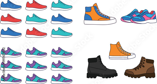 Colorful Sneakers and Boots Collection Flat Vector Illustration Set on White Background