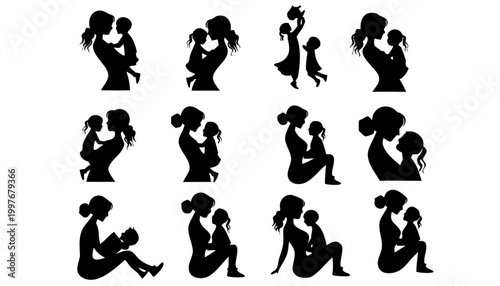 Mother and child silhouettes in various poses and emotions