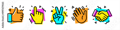 Hand Gestures Vector Icon Set in Bright Retro Pop Art Style - Thumbs Up, Peace Sign, Handshake, Waving and Pointing Finger