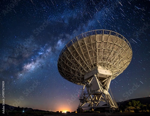 Large satellite dish, capturing signals from the cosmos, is set against a vibrant night sky with bright stars forming a long, circular pattern