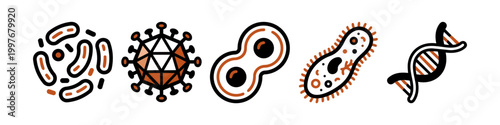 Microbiology and Cell Biology Vector Icon Set - Hand-Drawn Science Elements: DNA, Virus, Bacteria, Cell Division and Microorganism
