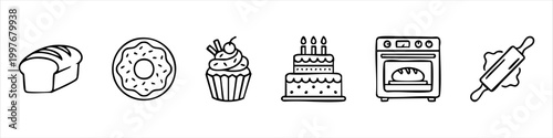 Hand-drawn baking and bakery icon set, including bread, donut, cupcake, cake, oven, and rolling pin line art illustrations for culinary design.