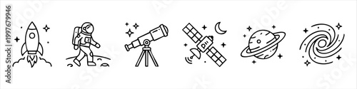 Minimalist space icons set featuring rocket, astronaut, telescope, satellite, Saturn planet, and spiral galaxy. Hand-drawn doodle line art style for astronomy and cosmos exploration themes.