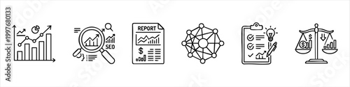 Business Data Analysis and SEO Optimization Icons Set. Hand-Drawn Doodle Style for Financial Reports, Growth Planning, Network Connections, and Strategic Decision Making.