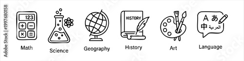 Set of Hand-Drawn Minimalist School Subject Icons: Math, Science, Geography, History, Art, and Language Education Elements