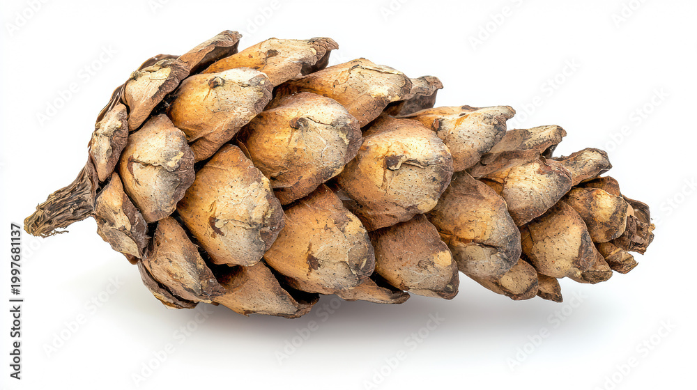 Fototapeta premium A single dry pine cone, with its scales slightly open and displaying natural textures, sits isolated against a stark white background casting soft shadows.
