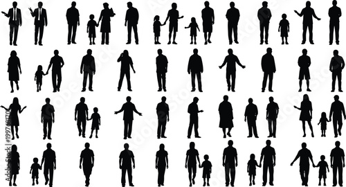 Cartoon illustrated human silhouettes collection featuring adults children standing walking holding hands interacting creative people artwork lifestyle scene