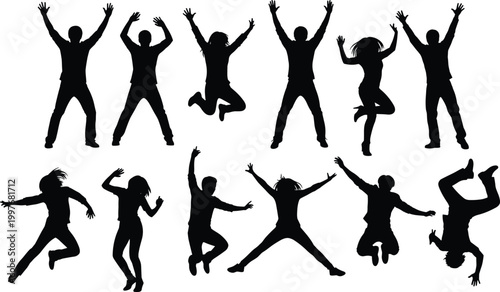 Cartoon illustrated human silhouettes collection featuring dancers jumpers energetic poses extended arms legs creative performance artwork lively motion scene