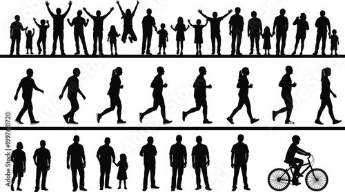 Cartoon illustrated human silhouettes collection featuring families children walking jogging standing riding bicycle diverse poses creative lifestyle artwork scene