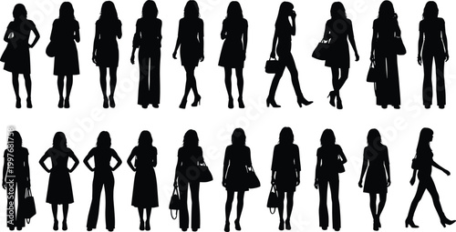 Cartoon illustrated human silhouettes collection featuring standing walking posing carrying handbags diverse clothing styles creative fashion artwork lifestyle scene