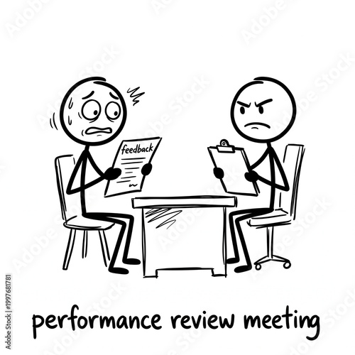 Stick figure employee nervous during performance review meeting cartoon