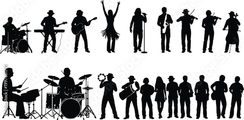 Cartoon illustrated musicians silhouettes collection featuring singers dancers drummers guitarists violinists saxophonists creative performance artwork lively music scene