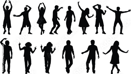 Collection of Diverse Young People Silhouettes Dancing and Cheering in Various Poses for Nightclub Party Music Festival and Celebration Concepts