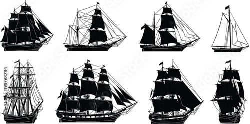Fotografie Historic sailing ship silhouettes with multiple masts sails and rigging represen