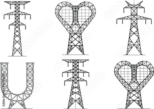 Electrical transmission tower silhouettes with creative lattice structures including heart shaped and U shaped artistic engineering design illustration