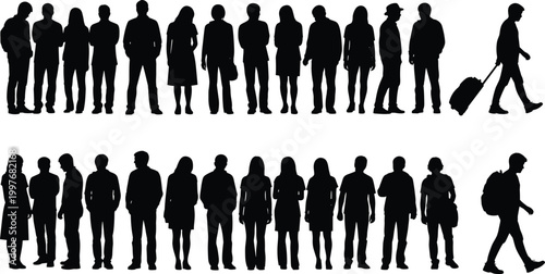 Large Collection of Diverse People Silhouettes Standing in Line and Walking with Luggage for Travel Commuting and Public Waiting Concepts