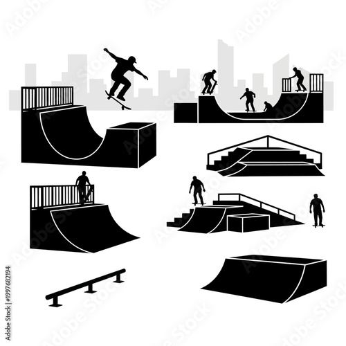 Skateboard park silhouette collection featuring ramps and skaters in action, urban sports.