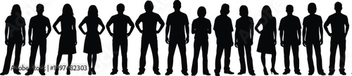 Silhouettes of diverse people standing in a row with different poses representing teamwork diversity unity and social illustration