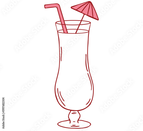 A whimsical hand drawn illustration of a tall hurricane glass featuring a pink straw and a decorative paper umbrella. Perfect for summer menus, beach party invitations, and vacation themed designs.
