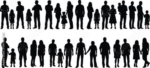 Silhouettes of families and groups of people standing together holding hands representing unity bonding social connection and community illustration