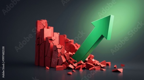 Financial Growth Concept With Green Arrow Rising Above Broken Red Bars Symbolizing Recovery From Economic Crisis