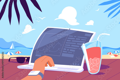 Flat vector illustration of remote work on a beach with a laptop and cold summer drink with ice and a straw. Freelance work, digital nomad lifestyle, online business. Relaxed vacation atmosphere.
