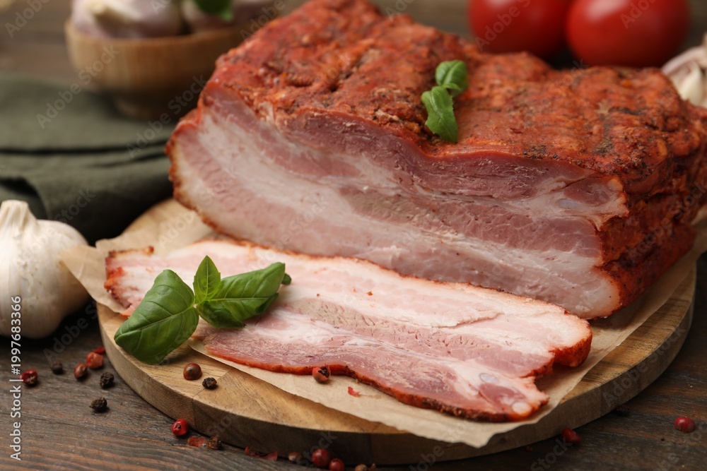 Fototapeta premium Pieces of smoked bacon, tomatoes and spices on wooden table, closeup