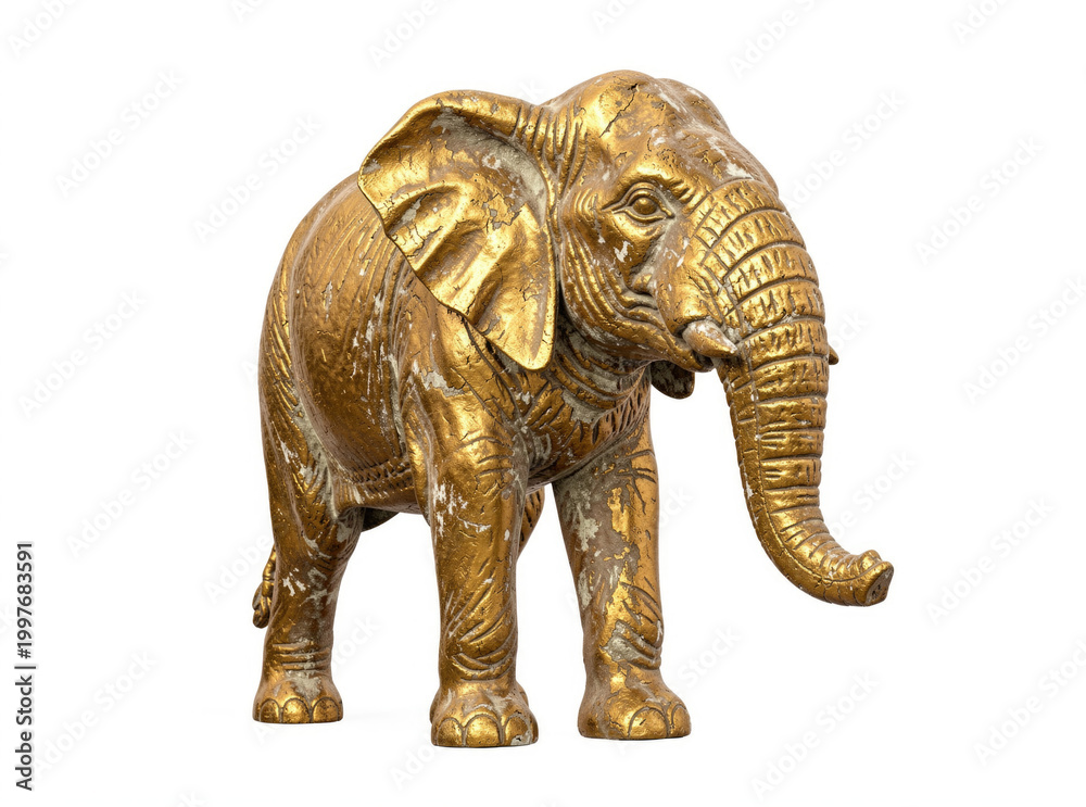 Fototapeta premium A gold elephant statue stands out against a white background