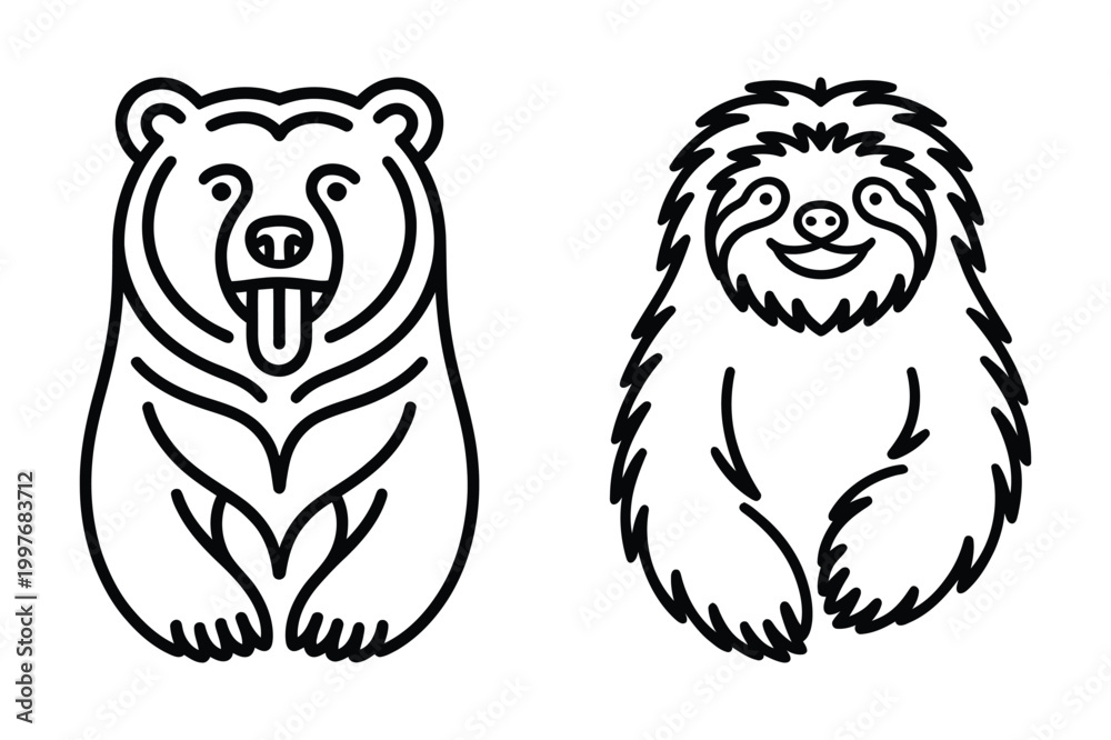 Fototapeta premium Illustrated bear and sloth line art characters with character, illustration