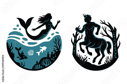 Mythical zodiac symbols: mermaid in water and centaur in forest with mythology