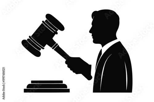 Vector illustration of a judge with a gavel authority judgment decision
