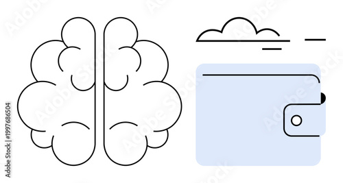 Financial planning, mental awareness, decision-making, cloud storage, personal finance, technology integration. Outline of a brain and wallet under clouds. Financial planning and mental awareness