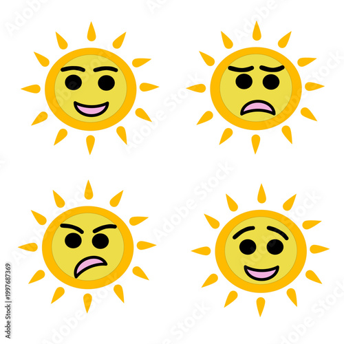 Cute vector sun emojis set with different facial expressions