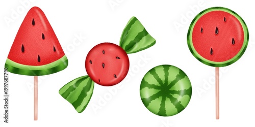 Clipart set with watermelon candies, lollipops and sweet summer treats, isolate on white background